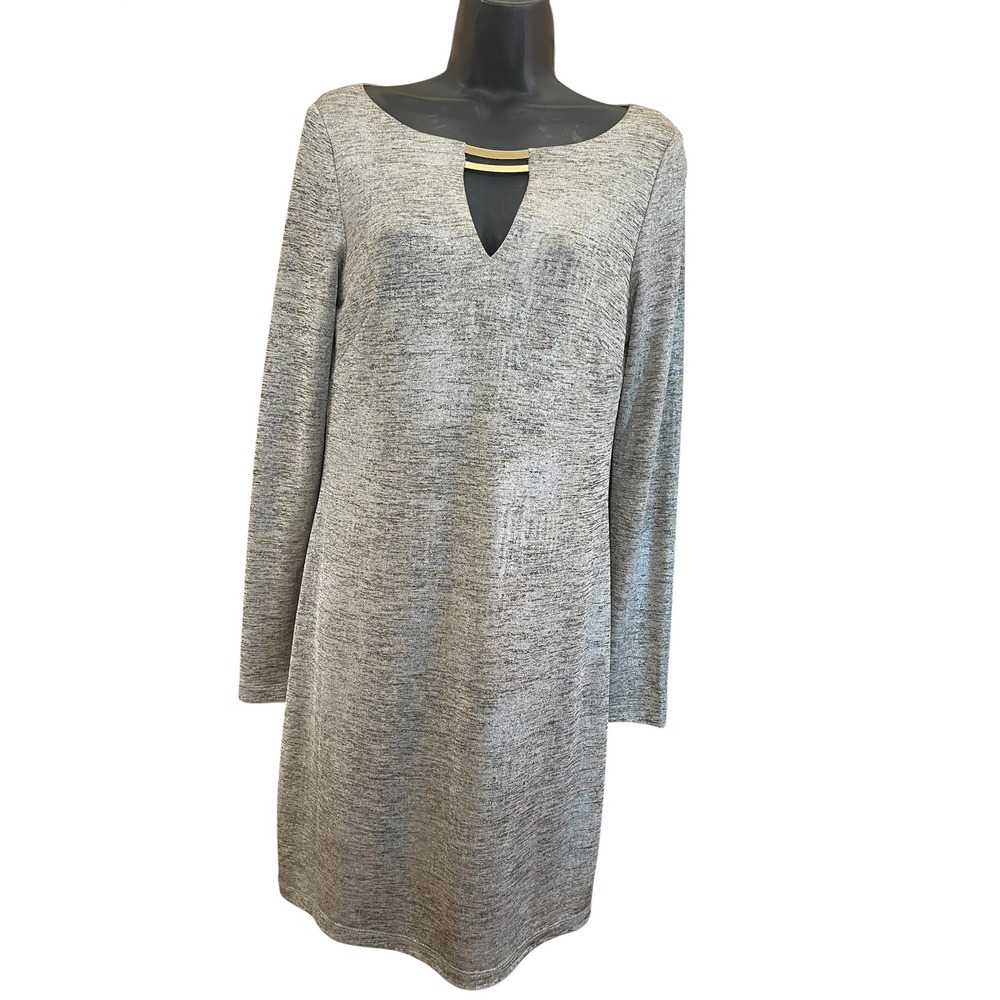 Vince Camuto Grey Metallic Knit Keyhole Sheath Dress Gold Bar Accent Size 4 - Picture 2 of 7